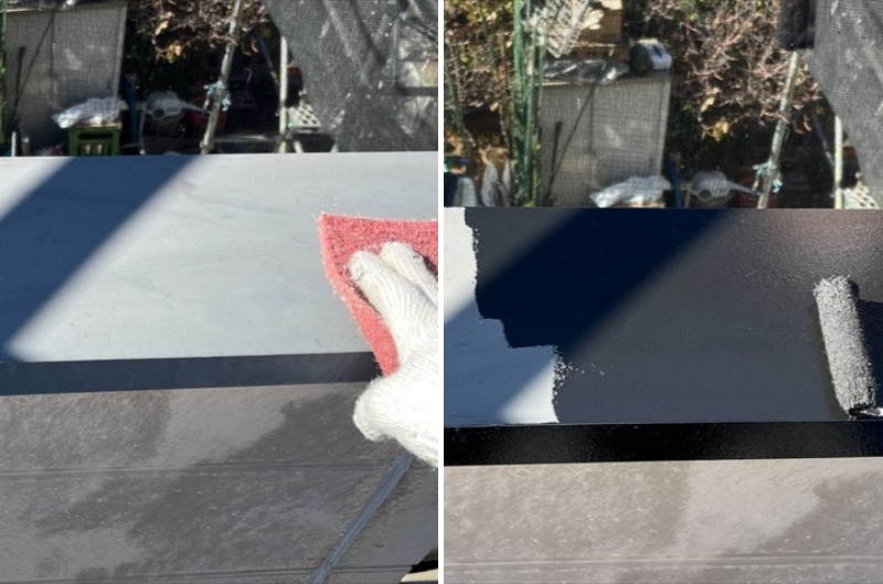 久喜市にて店舗屋根のパラペット部笠木ケレン作業と塗装